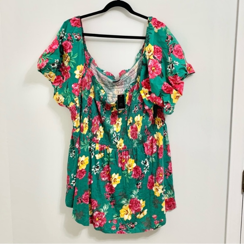 Torrid Smocked Floral Poplin Puff Sleeve Babydoll Shirt - 5X - 28 - NEW